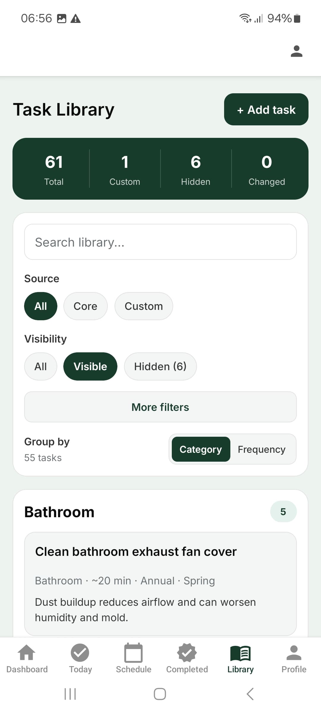 GreenNest Task Library screenshot showing categorized home-maintenance tasks.