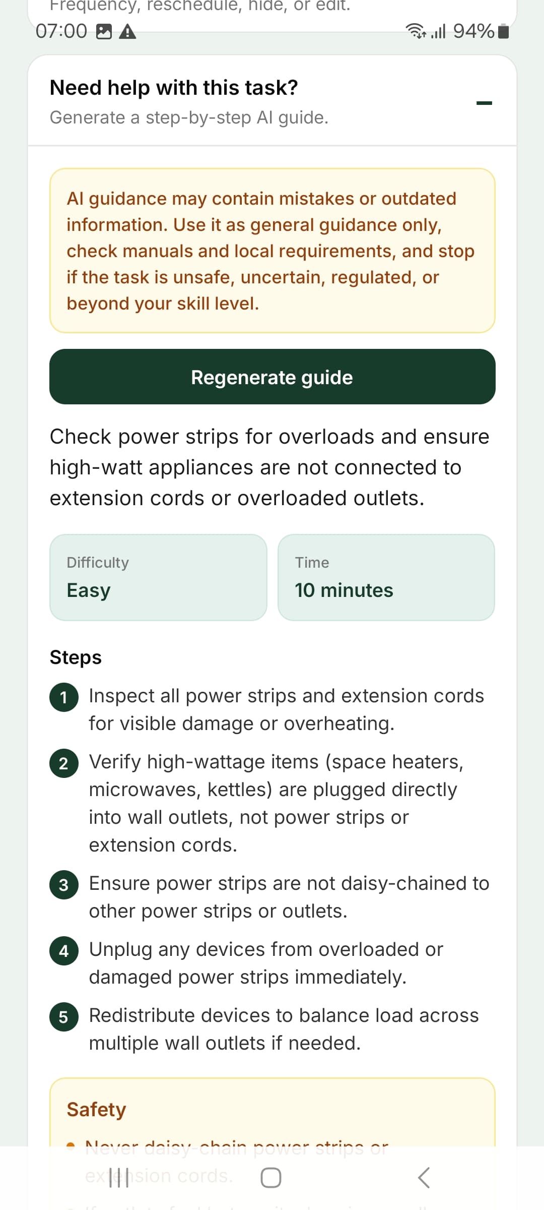 GreenNest AI task guide screenshot showing step-by-step help for a home-maintenance task.