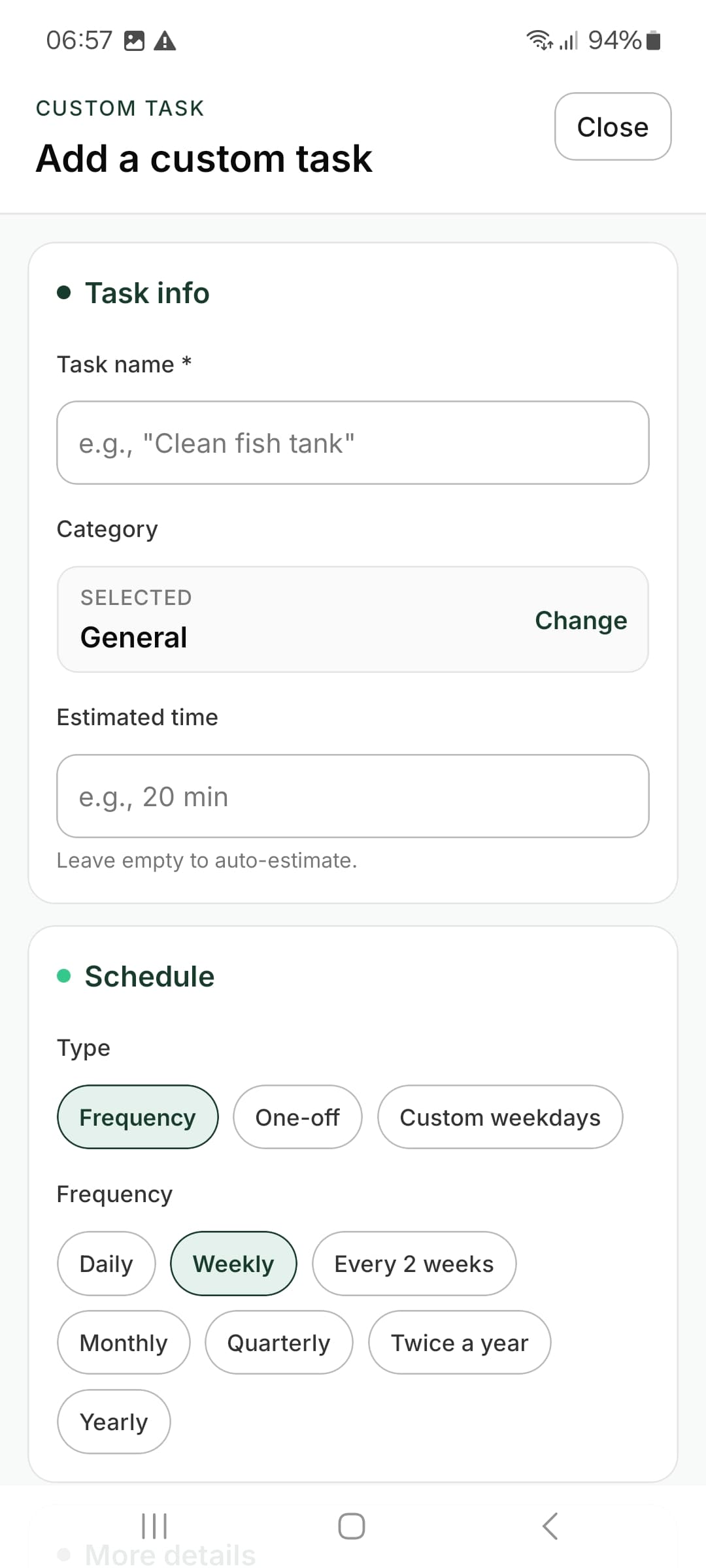 GreenNest Custom Task screenshot showing a custom task panel.