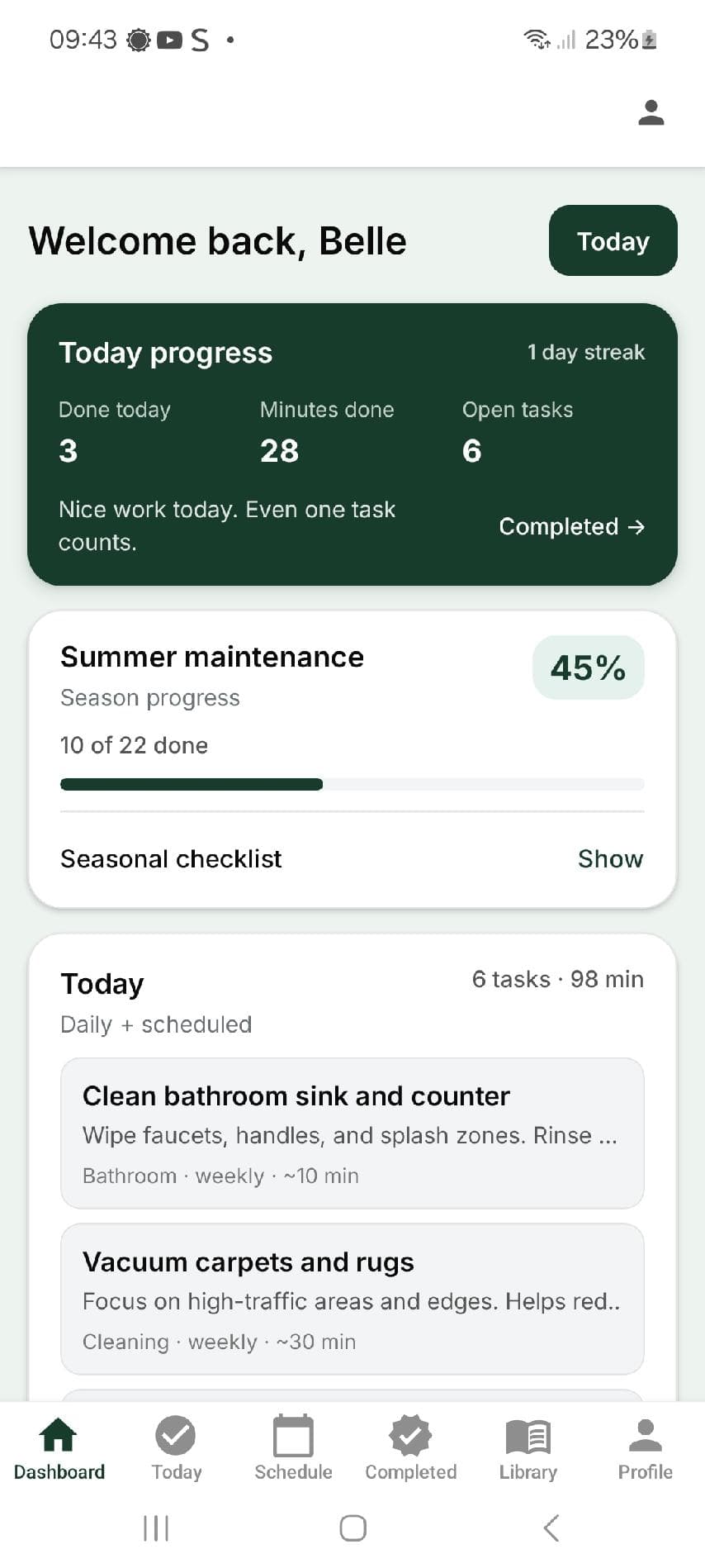 GreenNest dashboard screenshot showing personalized home-maintenance progress and upcoming tasks.