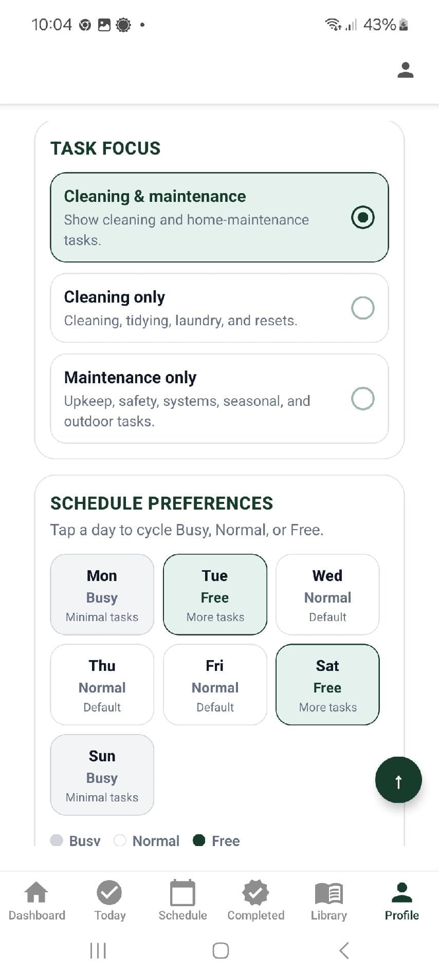 GreenNest Task Focus screenshot showing focused home-maintenance tasks.