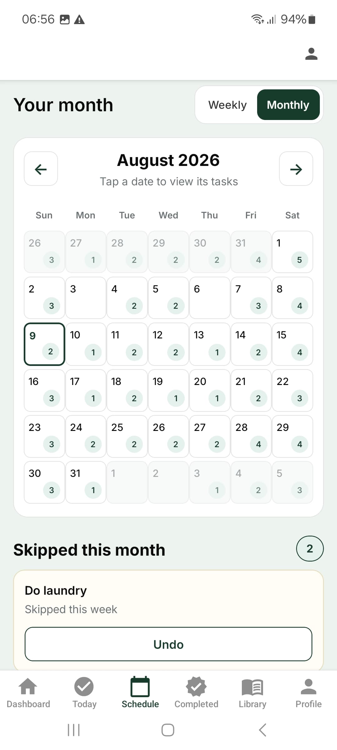 GreenNest monthly schedule screenshot showing a broader planning view for upcoming home tasks.