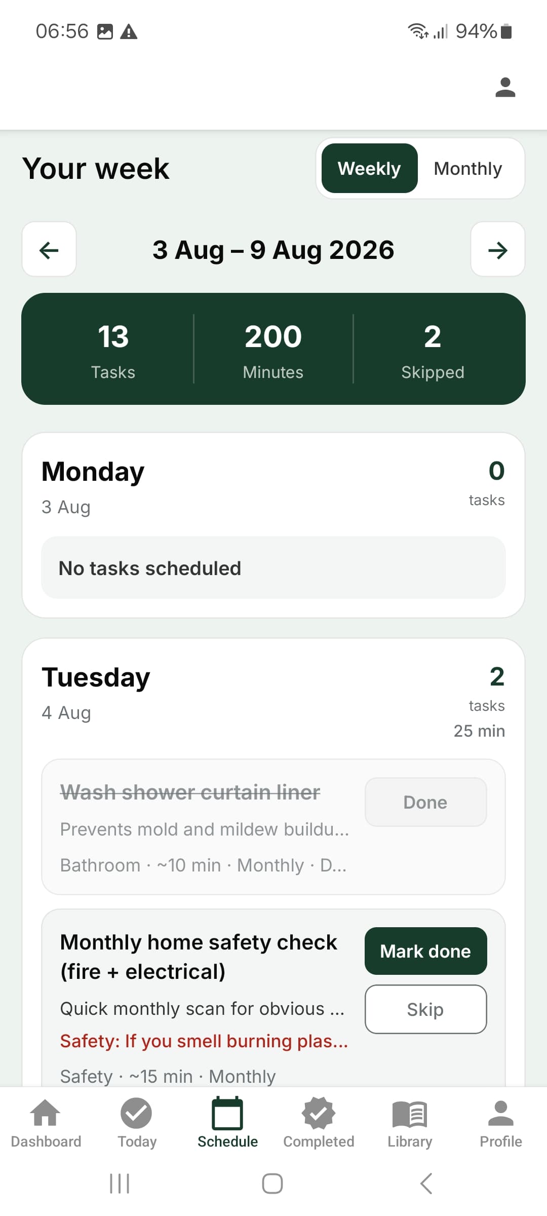GreenNest weekly schedule screenshot showing household tasks distributed across the week.