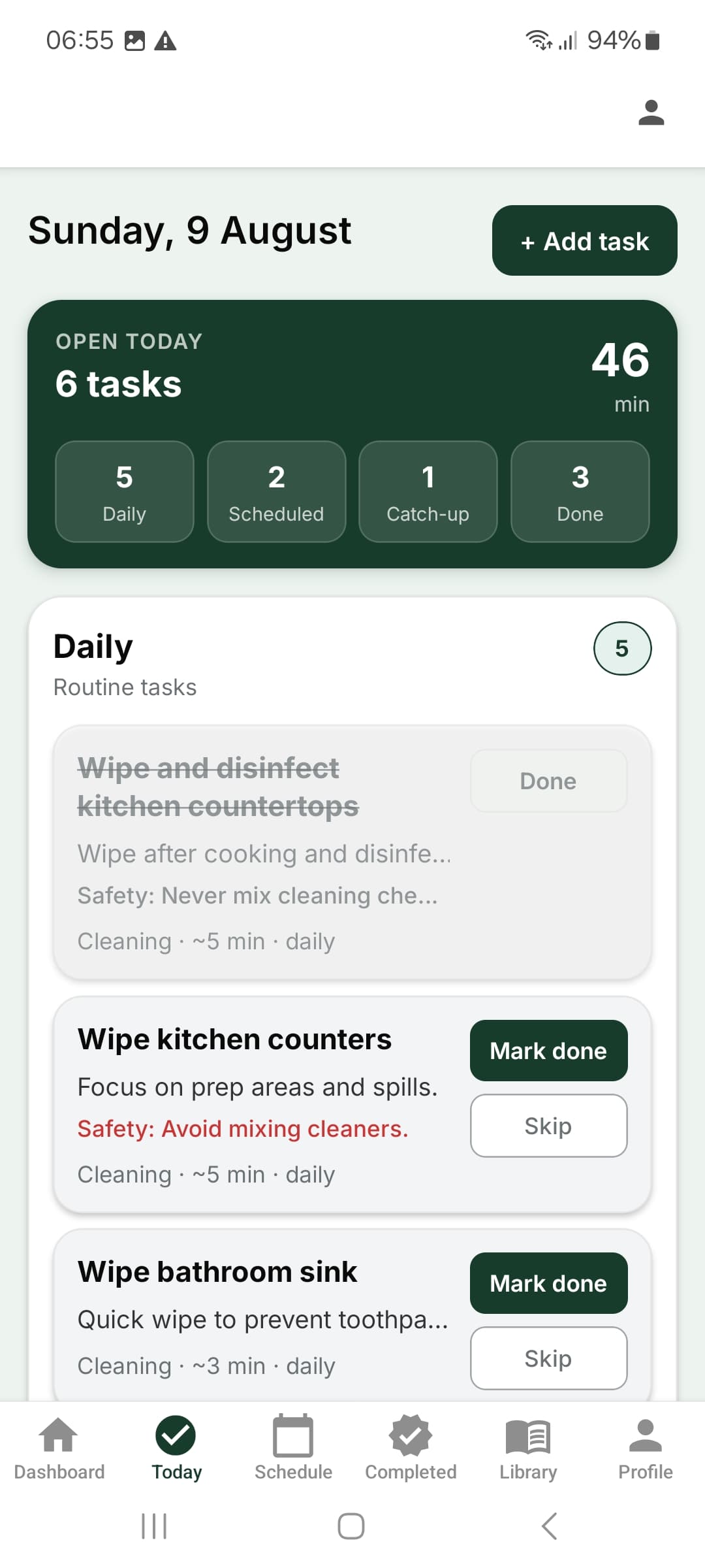 GreenNest Today view screenshot showing a prioritized list of home-maintenance tasks.